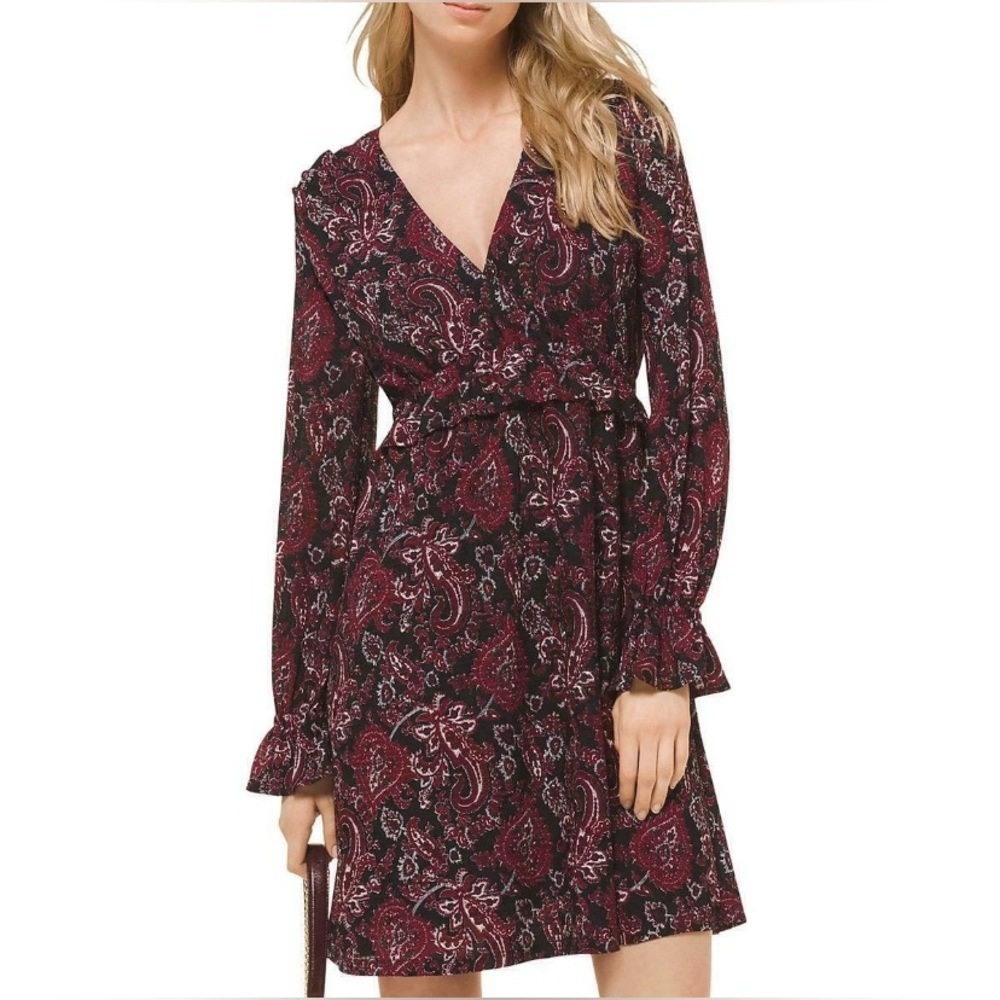 Michael Kors Elegant Black and Burgundy Paisley Dress